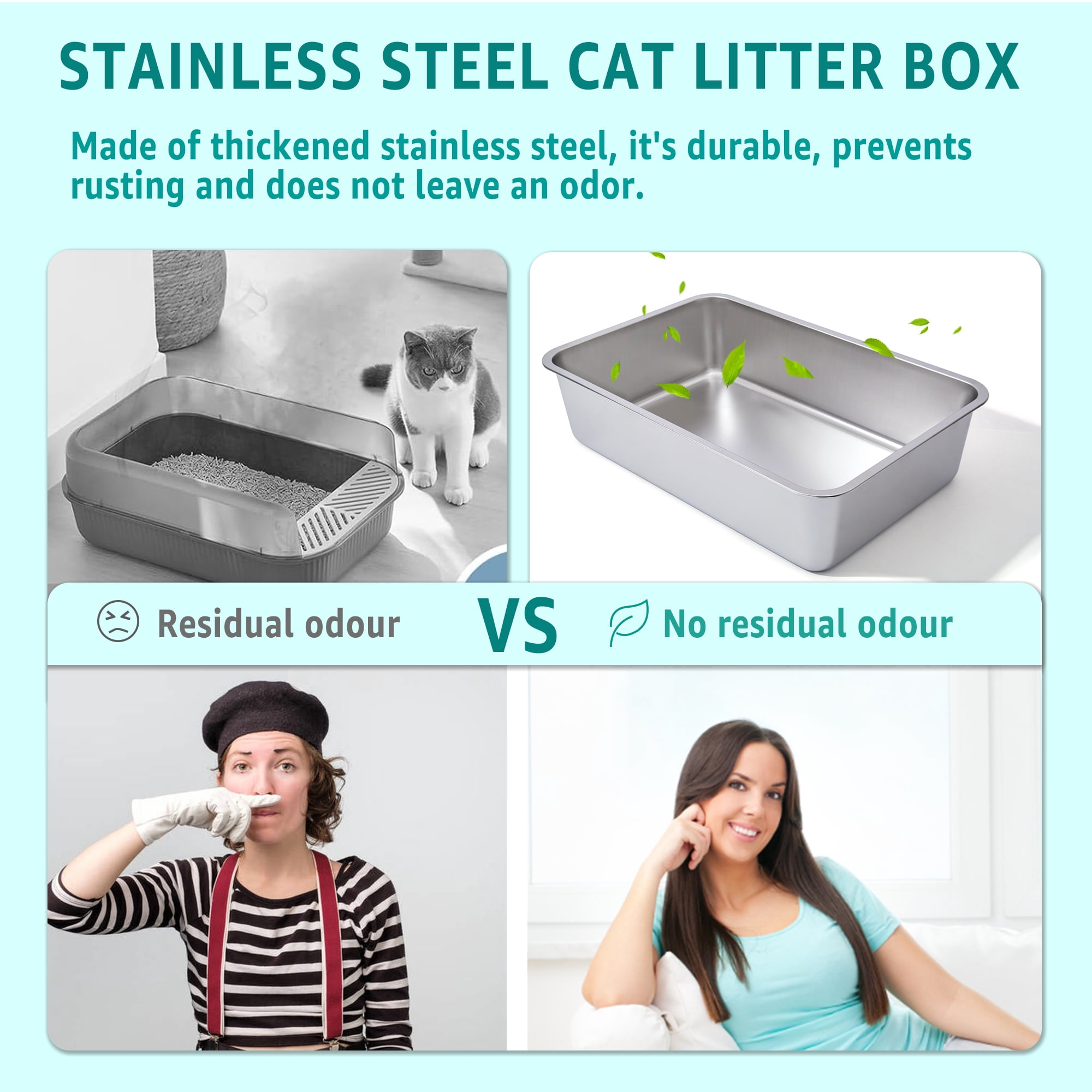 Stainless Steel Litter Box -Metal Cat Litter Box,6" High Sided Odor-Proof Non-Stick Easy Clean Cat Litterbox (2 Pack)