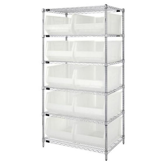 6 Shelf Chrome Wire Shelving Unit With 10 Clear Plastic Storage Bins, 24 x 36 x 74 in.