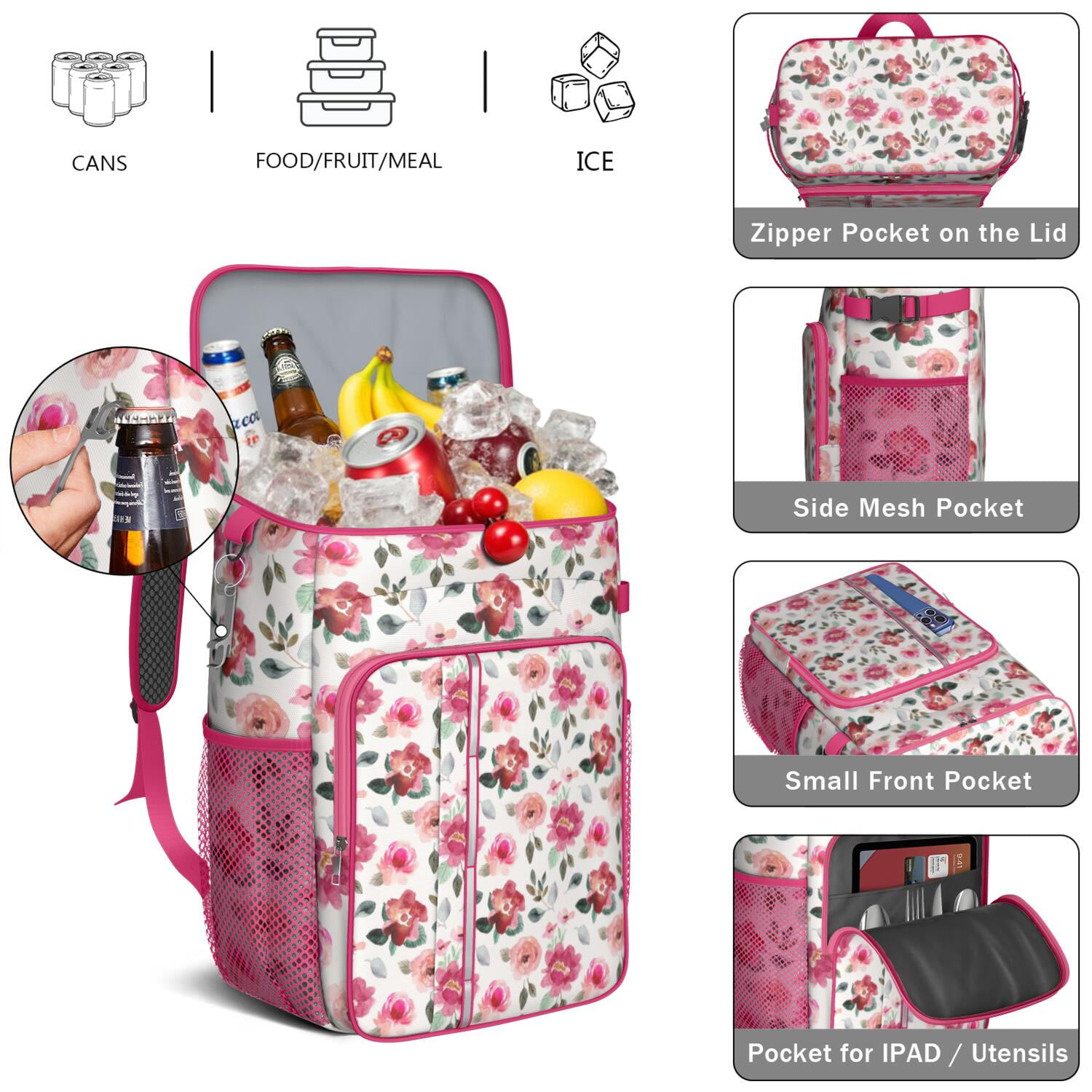 Travel Cooler Bag - Pioneer Flower Floral Print Pattern Camping Beer Cooler Backpack with Bottle Opener- Waterproof Insulated Picnic Backpacks - Cooler Bag for Beach