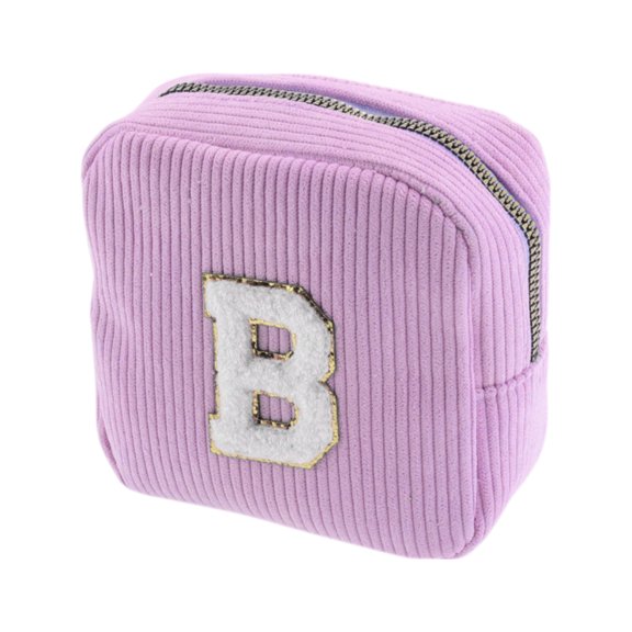 Unique Bargains 1 Pc Letter B Pattern Makeup Bag for Travel Pink Purple Corduroy