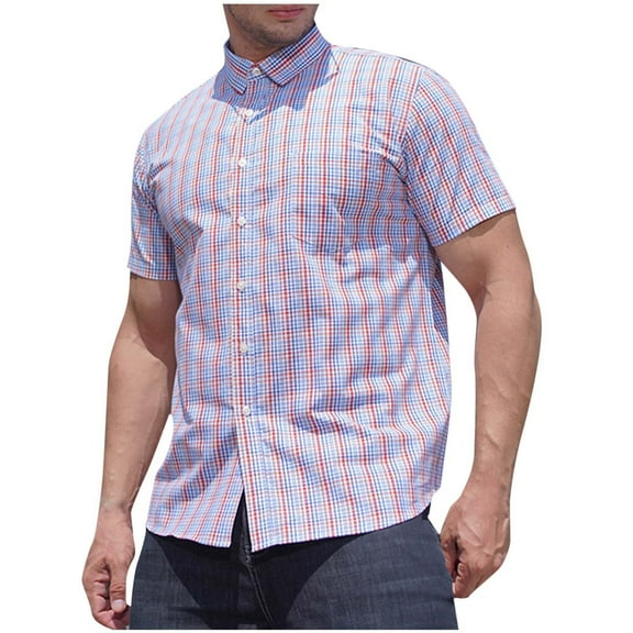 ZCFZJW Men's Short Sleeve Button Down Shirt Plaid Shirt Big and Tall Regular Fit Lapel Collared T-Shirts Tops Trendy Work Business Dress Shirt with Pockets Red XL