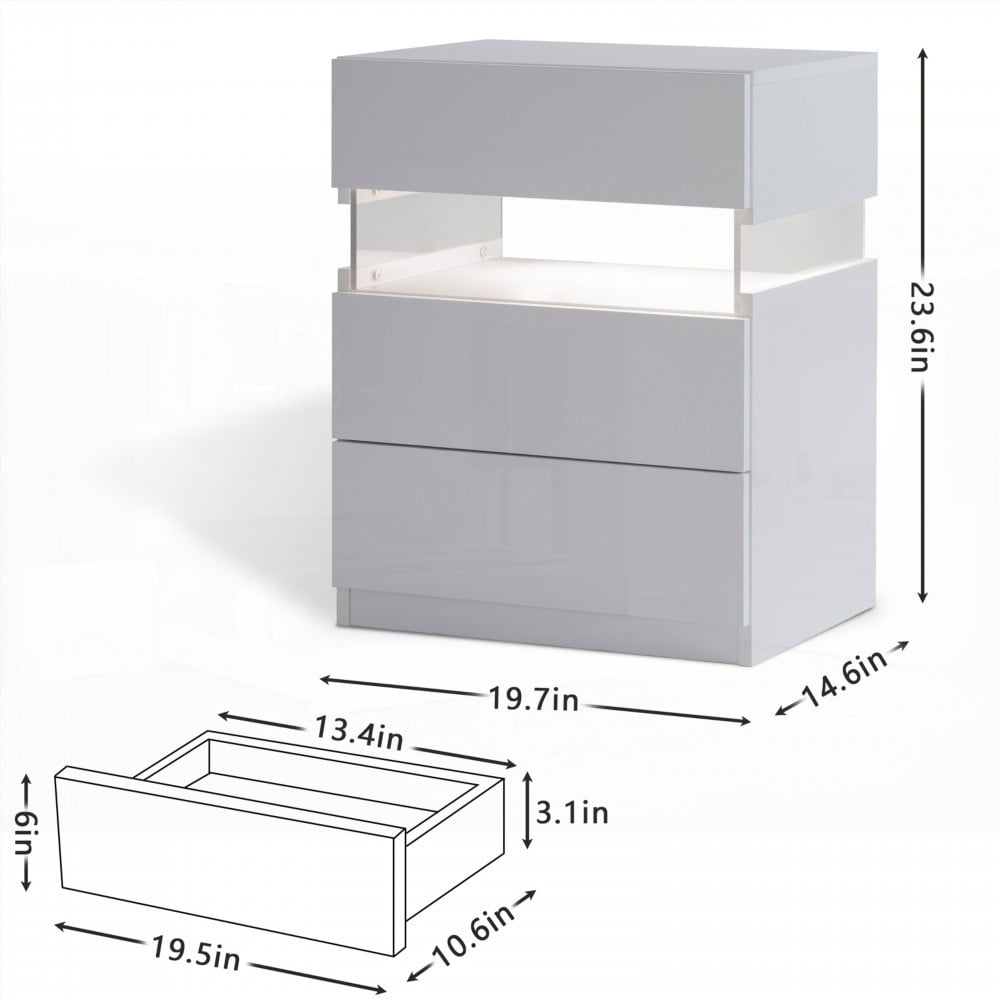 White LED Nightstands 3 Drawer Dresser Featuring Acrylic Board & LED Lighting (Bedroom & Living Room)