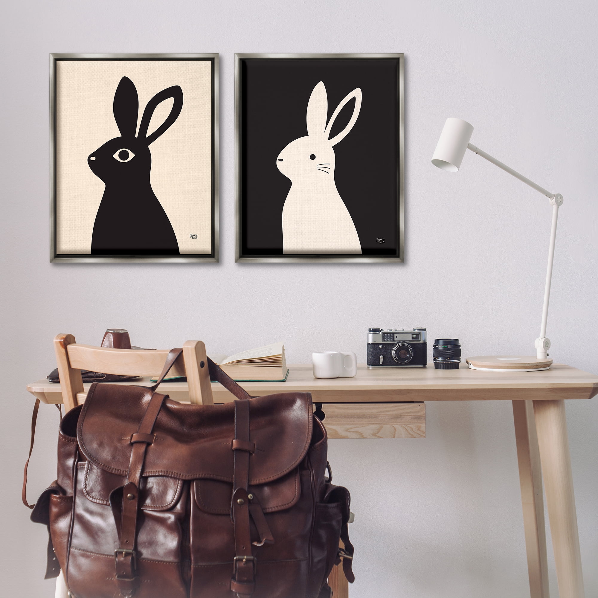 Stupell Industries Cream & Black Rabbits Animals Painting Gray Floater Framed Canvas Art Print Wall Art, 31 x 25, Set of 2