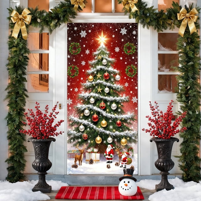 Housse de Porte de Noël Père Noël Rideau de Porte / Décoration Murale des Fêtes pour Porte d'Entrée / Tissu Polyester Festif Décoration Intérieure Extérieure pour la Maison