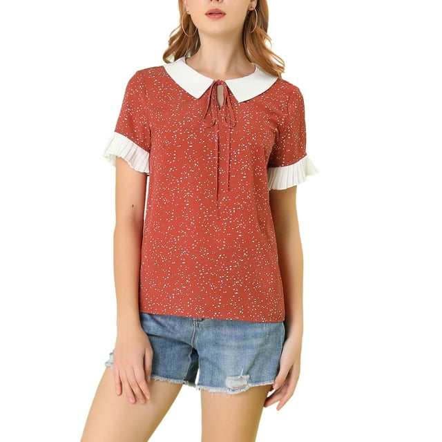 INSPIRE CHIC Hauts Blouses à Pois pour Femmes à Col Claudine Contrastant à Manches Courtes