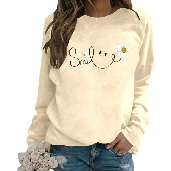 Sweatshirt for Women Smile Letter Print Long Sleeve Lightweight Pullover Floral Graphic Relax Fit Fall Tops