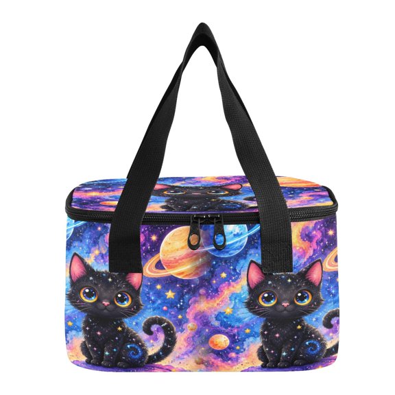 6L Insulated Lunch Bag Square Handheld Cooler Tote Black Cat in Cosmic Nebula Reusable Thermal Bag with Polyester & Aluminum Lining for Work Picnic Travel