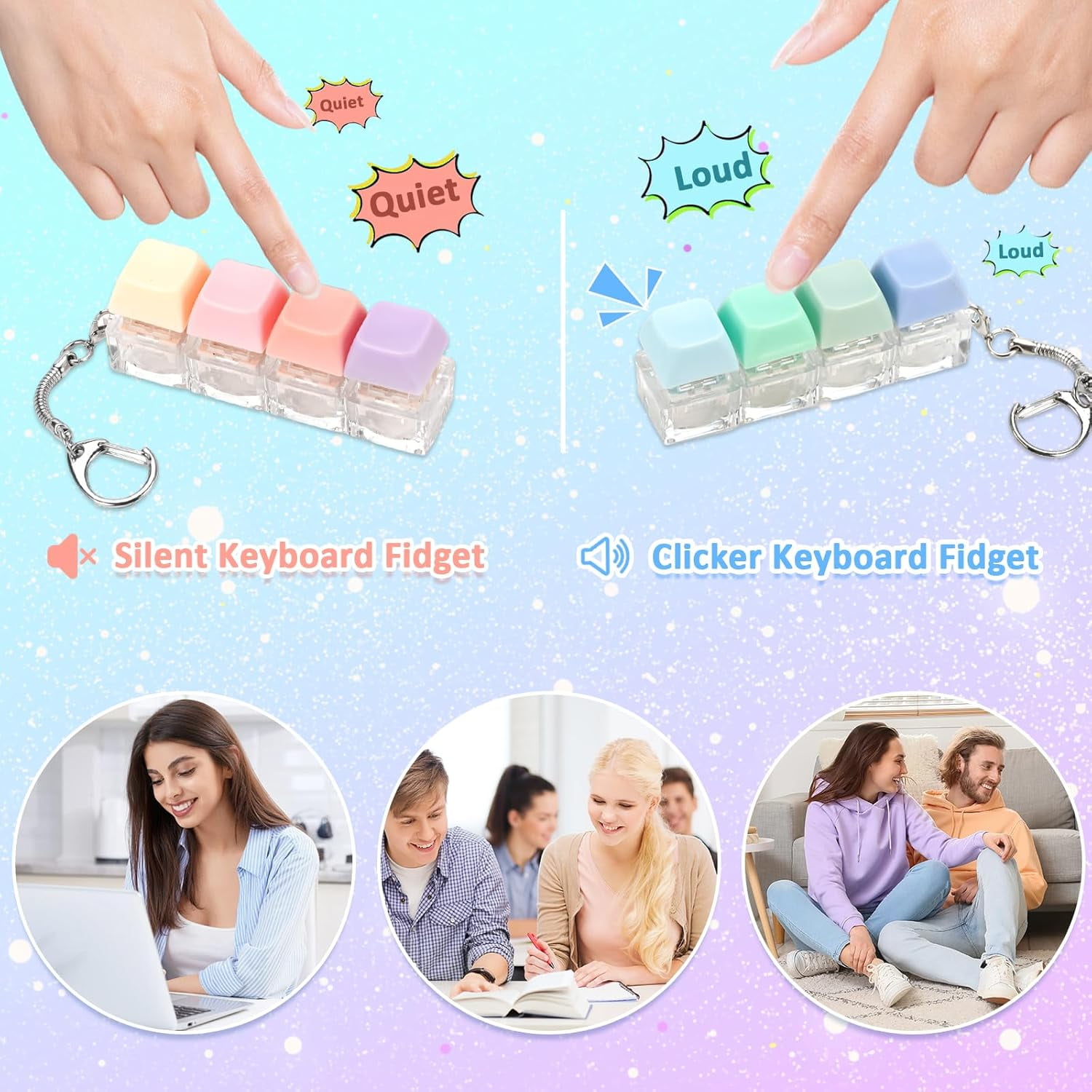 Keyboard Fidget Toy, 2 PCS Fidget Keyboard Silent Fidget Toys Clicker Fidget Keychain Fidgets for Adults Stress Relief Anxiety Sensory Fidget Toys Silent Loud Keyboard Fidget Clicker