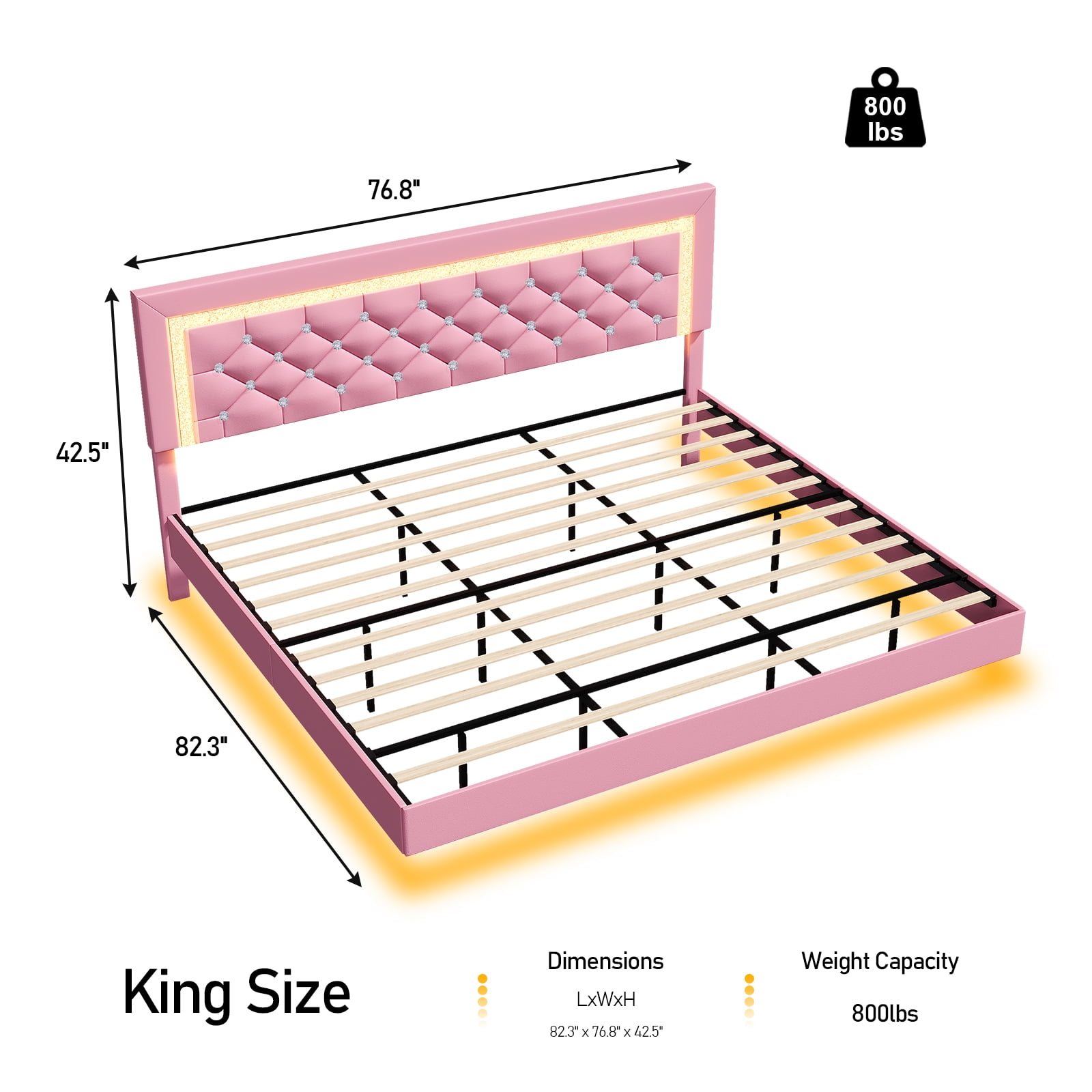 4 EVER WINNER King Size Floating Bed Frame with LED Lights, Upholstered Platform Bed Frame with Diamond Tufted Headboard, Pink King Size Bed Frame, Pink