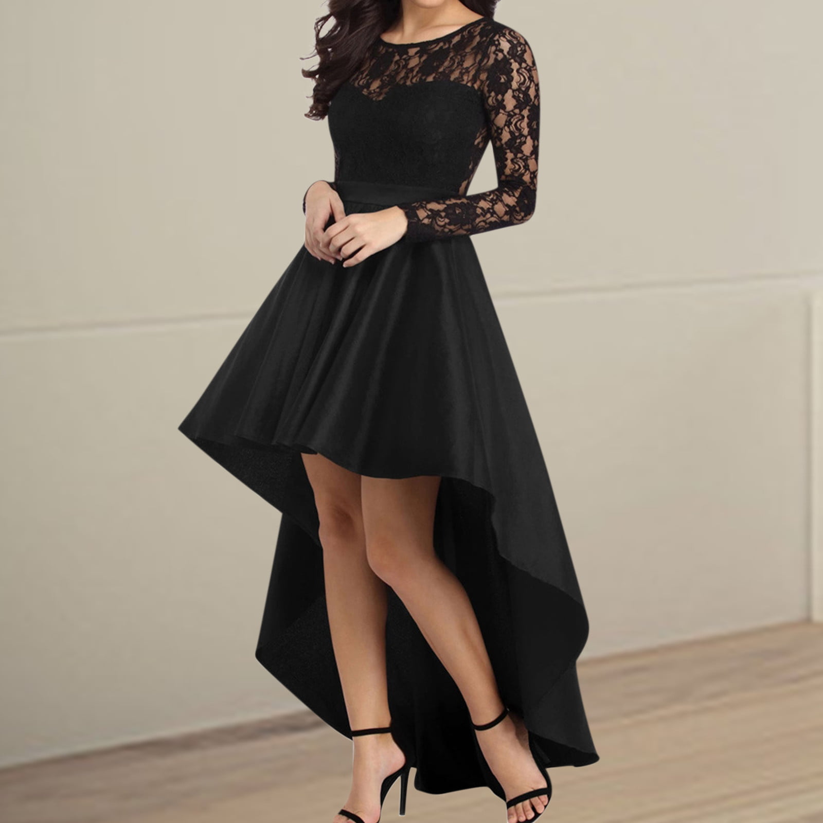 Tangnade Women Dress O-neck Long Sleeve Lace Dovetail Satin Prom Party  Dress Black XL 