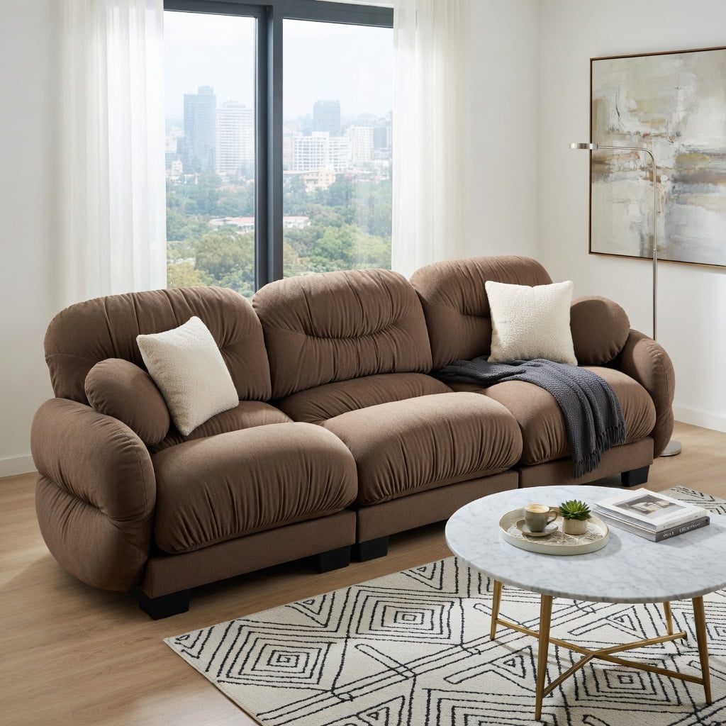 Hommoo Chenille 3-Seater Modular Sofa with Pleated Back Design, Ergonomic High-Density Foam Cushions & Curved Armrests, Includes 2 Round Throw Pillows, Brown
