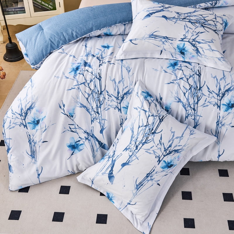 Koniroom 3Pcs Blue Blossom Comforter Set Queen Size, Blue Flower Branch on White Bedding Sets for Women