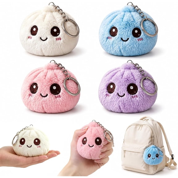 DESIGNICE 4 Pack Dumpling Keychains, 3.35" Kawaii Plush Squishy Toys for Kids, Soft Fidget Backpack Charms for Purse Bag, Birthday Gifts, Party Favors, Goodie Bag Fillers