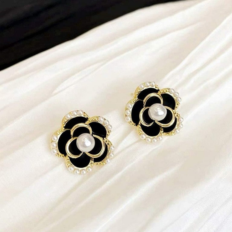 Vintage Black Rose Earrings Silver Stud for Women Black White Flower Small  Pearl Earring for Birthday Valentine's Day Gift 