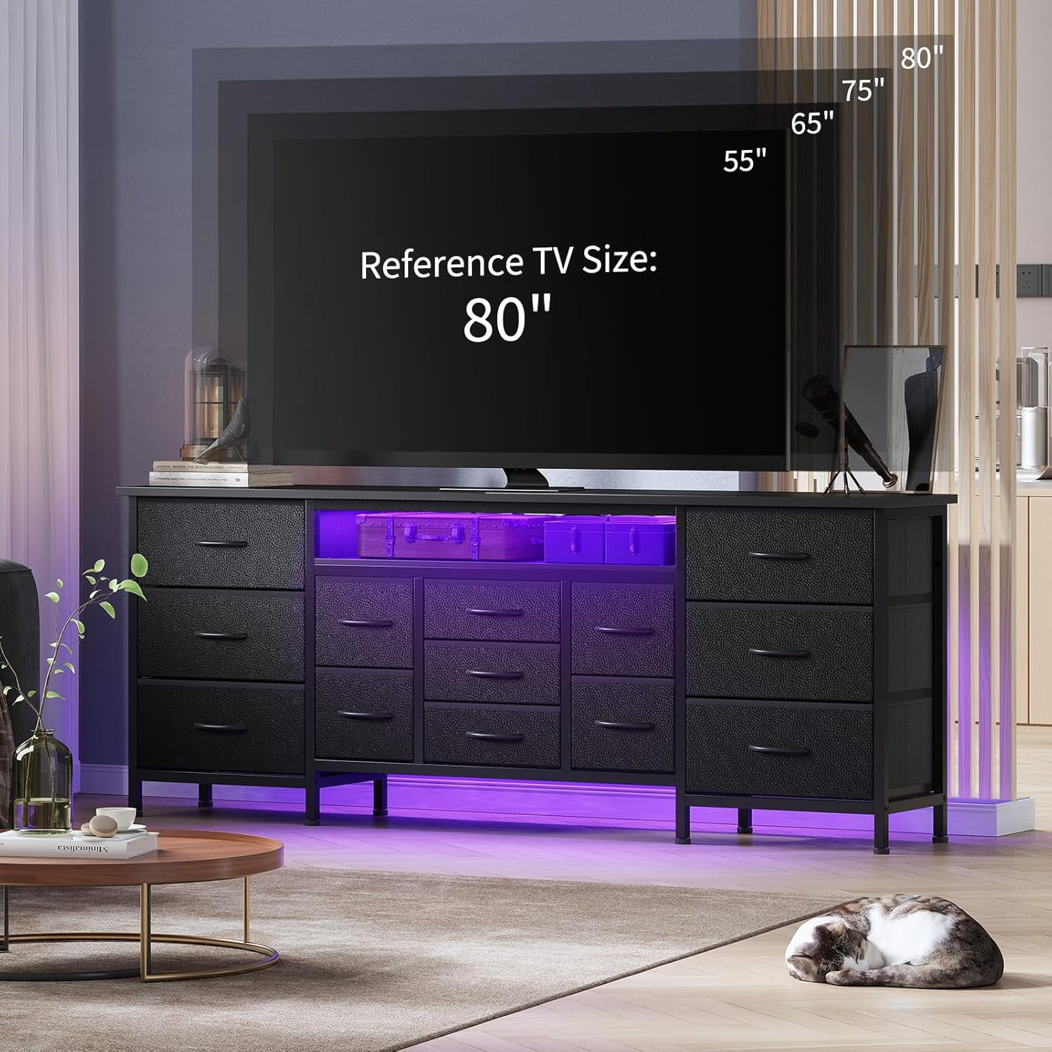 CuisinAid 70-Inch Black Dresser for Bedroom TV Stand with 13 Fabric Drawers Long Dresser with LED Lights and Power Outlets