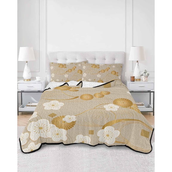 Quilts King Size, Yellow Flower Soft Comforter Bedding Set for Bed, Japanese Style Floral Leaf on Linen Lightweight Quilted Bedspread with Pillow Cover(2 Pieces) for All Season, 96x106 Inch