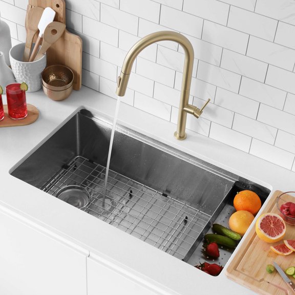 Stylish 17 ¼" Ht Single Handle Brushed Gold Pull Down Kitchen Faucet K-141G