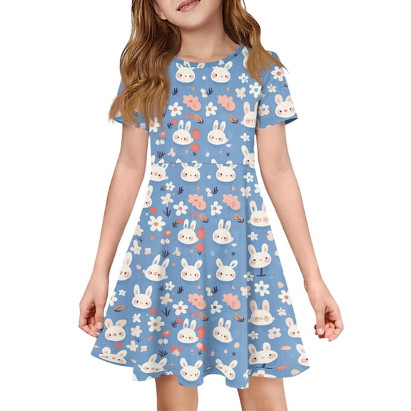 yuCgh Floral Print Easter Dress for Girls, Short Sleeve Summer Dress with Front Pocket, Lightweight Casual Party Dress for Kids,Blue 110