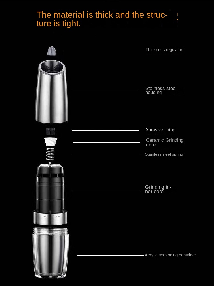 Household Pepper Mill Bottle (Stainless Steel Color) Electric Pepper Mill Gravity Pepper Grinder