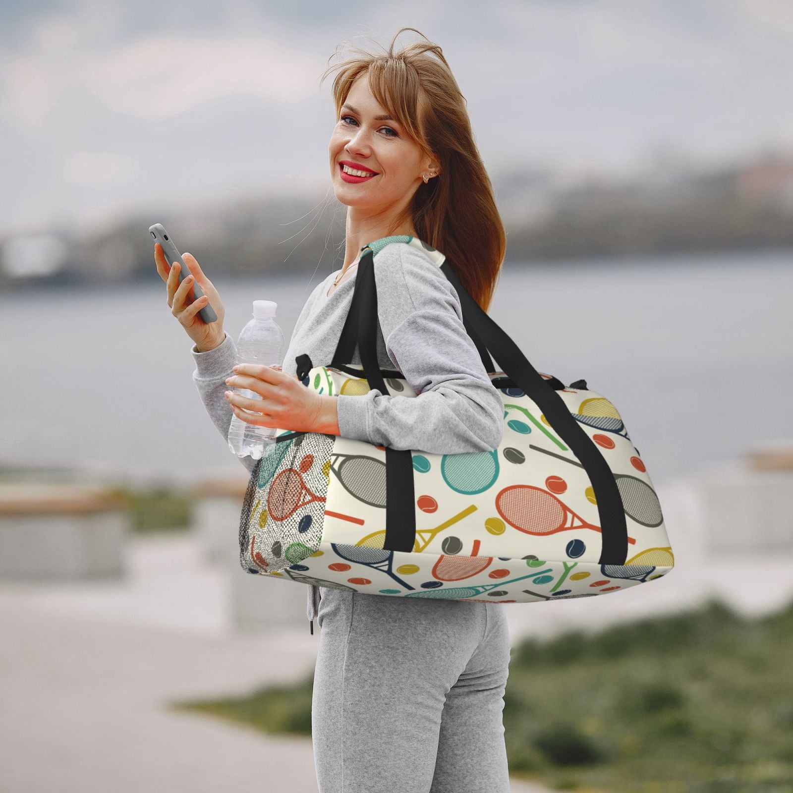 Defioc Racket and Tennis Ball Print Hand Travel Bag - Foldable Travel Duffel Bags for Men Women -Sport Gym Bag - Overnight Travel Duffel Bag - Adjustable Shoulder Strap