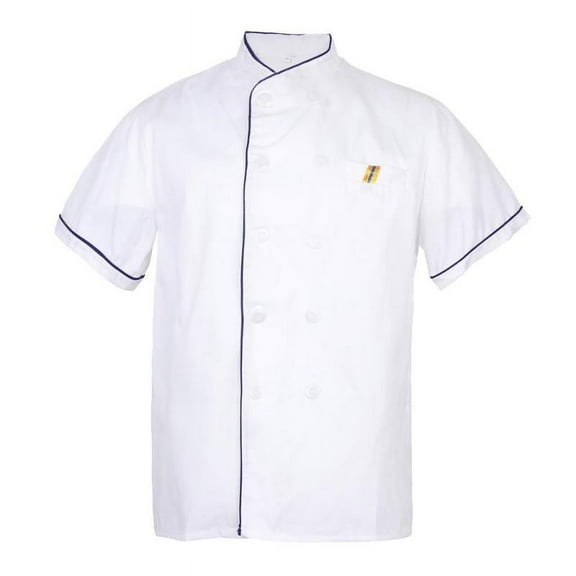 "Unisex Coat Short Sleeve Men's Chef Coat - White, L Blue Stitching"