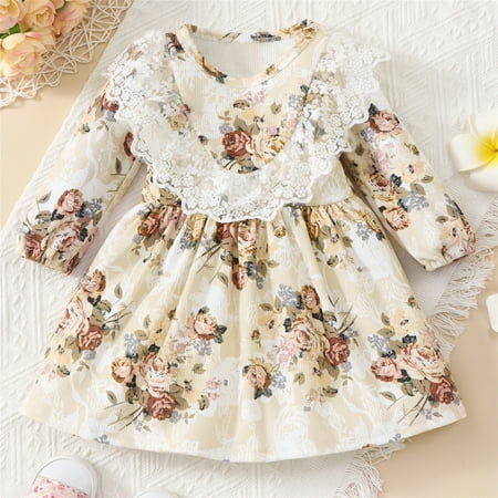 

Toddler Kids Girls Lace Floral Prints Long Sleeves Princess Dress