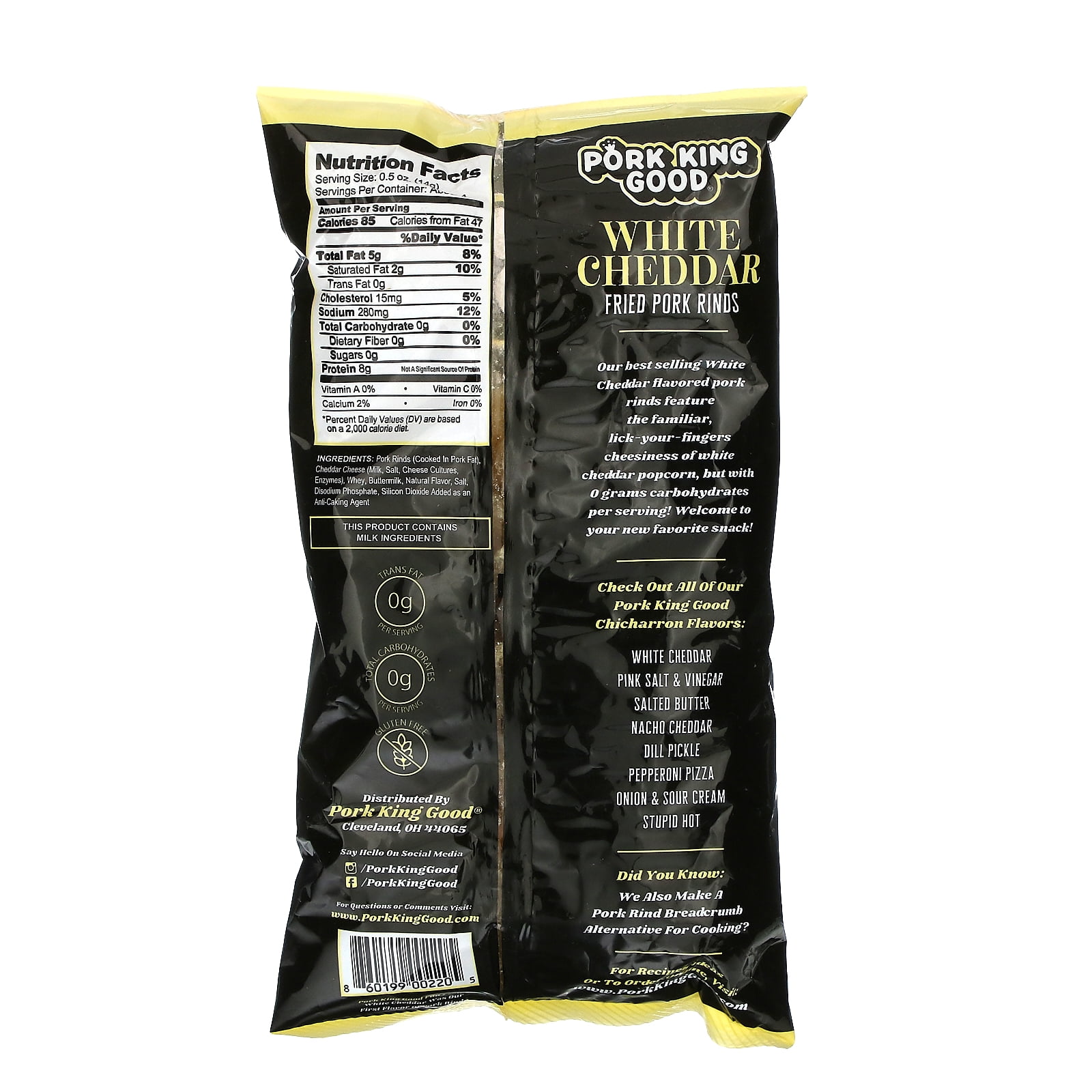 (5 pack) Pork King Good White Cheddar Pork Rinds, 1.75 oz Bag
