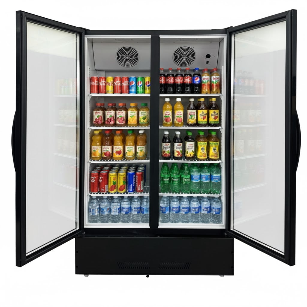 39" Commercial Double Glass Door Merchandiser Refrigerator – 600L Display Cooler, LED Lighting, 110V