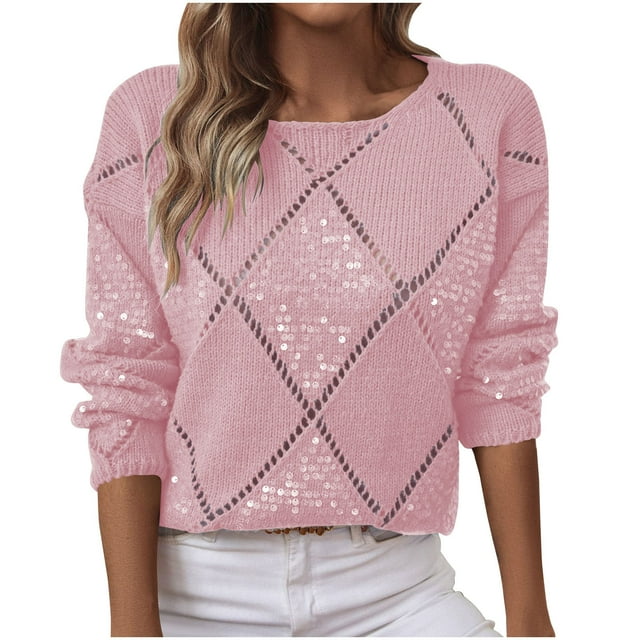 50 % de Réduction! Chandails en Molleton Surdimensionnés pour Femmes, Chandail-Over en Losange pour Femmes Mode Ample Chandail en Tricot à Sequins Creux Col Rond Rose G