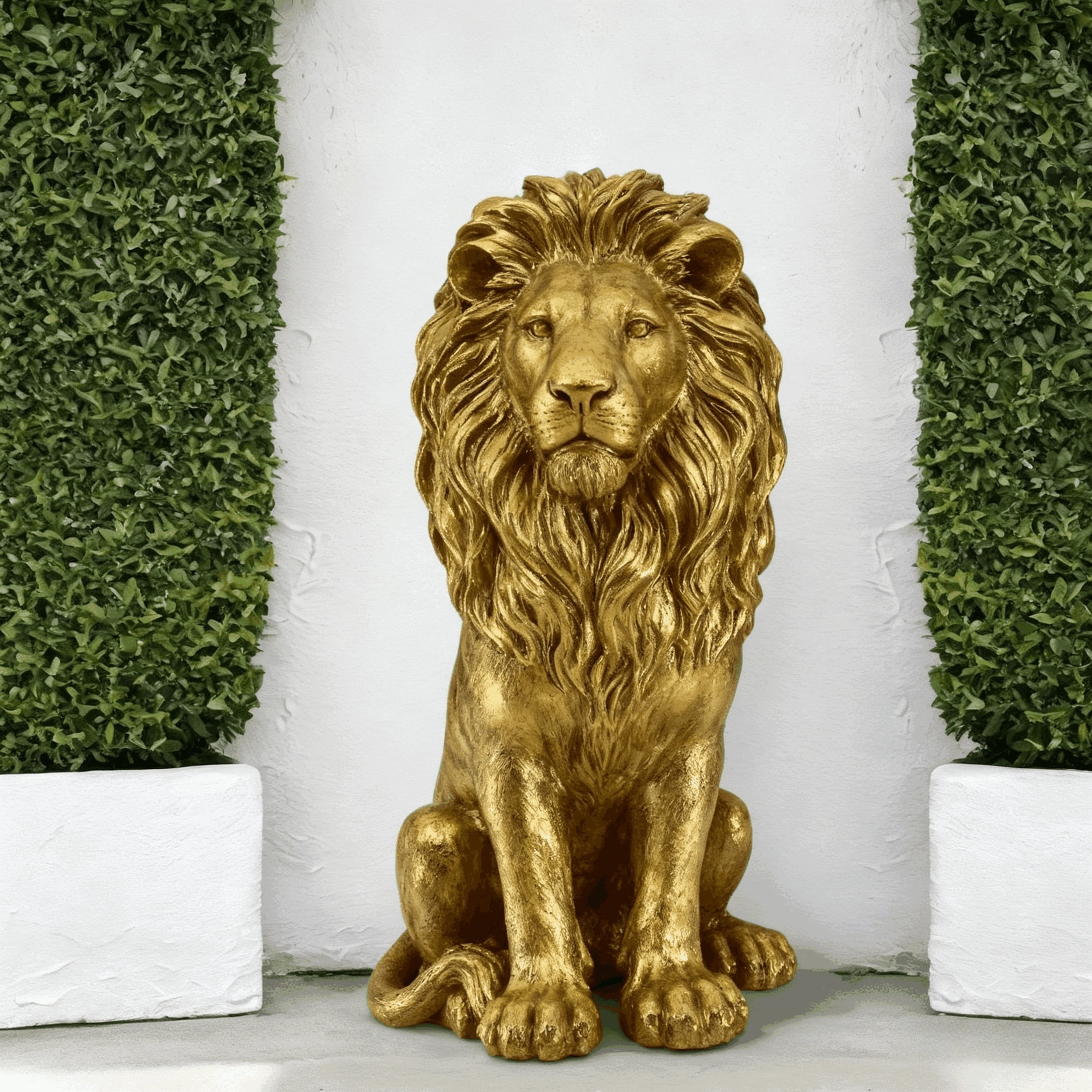 GDF Studio Golden Lion Resin Indoor/Outdoor Guardian Statue, Weather-Resistant Decor Figurine for Garden & Courtyard