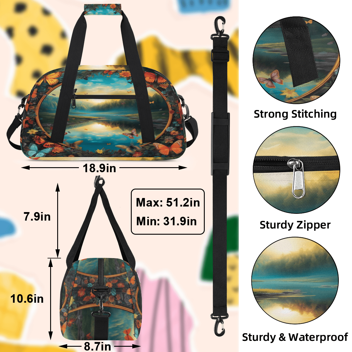 Herdesigns Landscape Sports Duffle Bag for Women & Men, Butterfly Gym Bag Dance Bag Overnight Bag Carry On Weekender Travel Bag