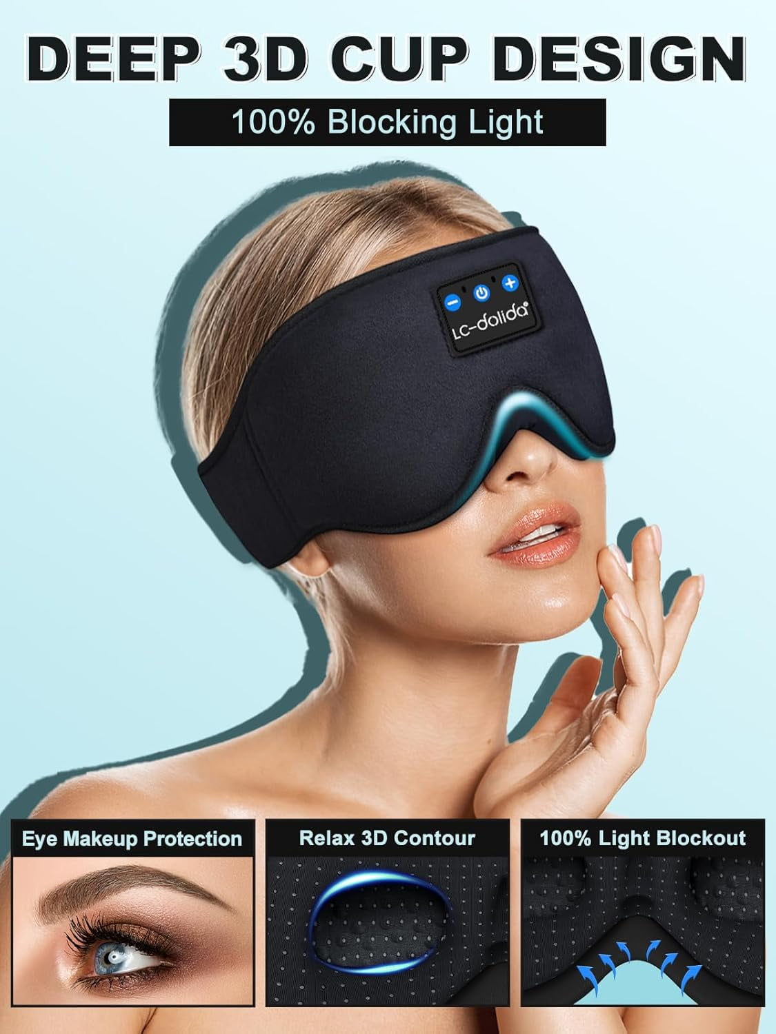 3D Sleep Mask with Bluetooth Headphones, Sleeping Headphones for Side Sleepers, Adjustable Sleeping Mask with Stereo Speaker for Travel Meditation Gift