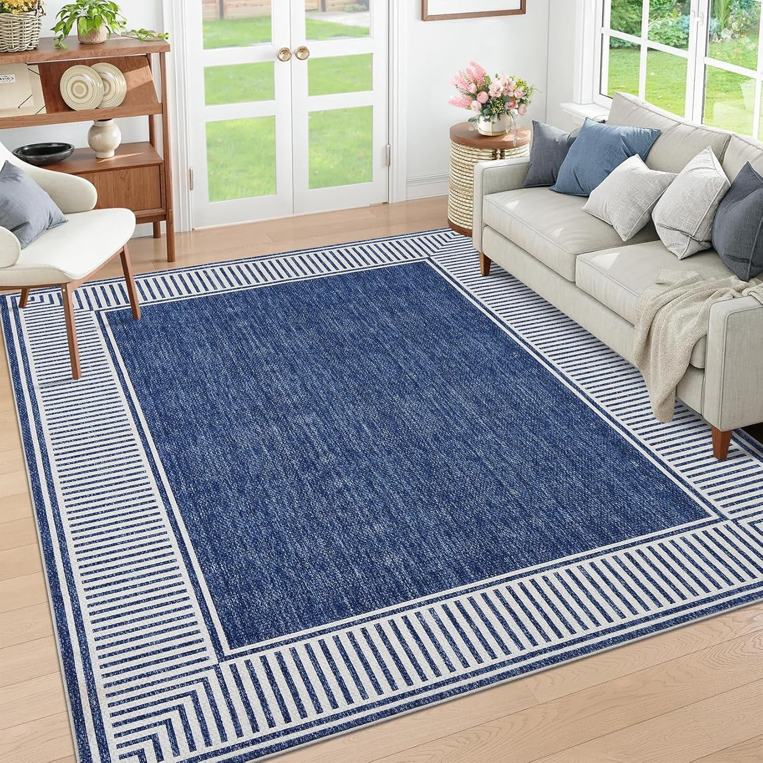 Memoryfield Modern Bordered 8' x 10' Area Rug, Washable Soft Non Slip Low Pile Stain Resistant Carpet Rugs, for Living Room Dining Room, Blue