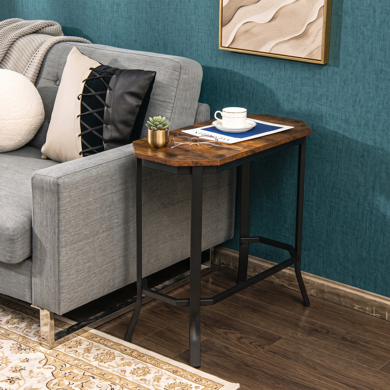 Furnibear Narrow End Table, Rustic Wood Grain Hexagon Side Table with Sturdy Steel Frame and Adjustable Foot Pads for Living Room Bedroom Entryway, Rustic Brown