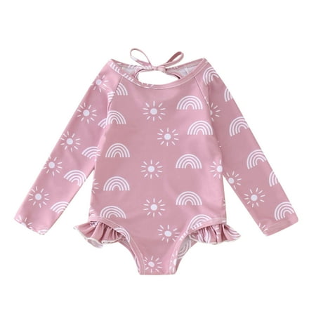 

Toddler Summer Long Sleeve Girls Sun Printed Fashion Ruffles Bowknot Swimwear Swimsuit Kids Baby Bikini