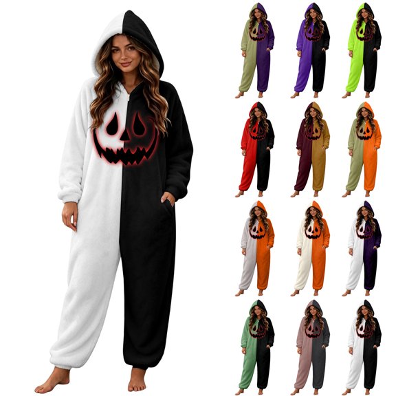 Halloween Onesie Adult Pumpkin Hooded Pajamas for Women Men, Flannel Long Sleeve Loose Fit Jumpsuit, Warm Casual Loungewear for Fall Winter Home Wear