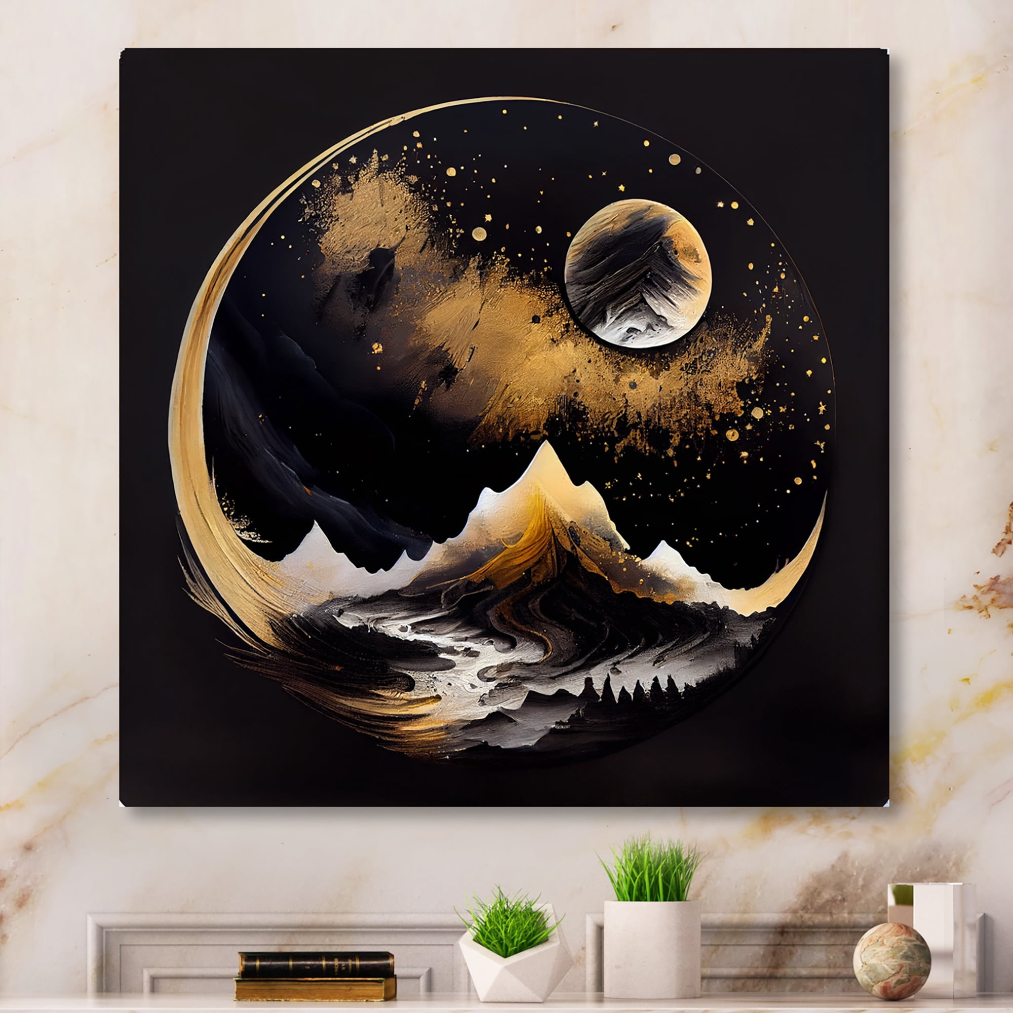 Designart Black And Gold Mountain Landscape III Canvas Wall Art