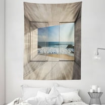 House Decor Wall Hanging Tapestry, Empty Modern Lounge Area With Large Window And View Of Sea Waves Rocks, Bedroom Living Room Dorm Accessories, 60 X 80 Inches, by Ambesonne