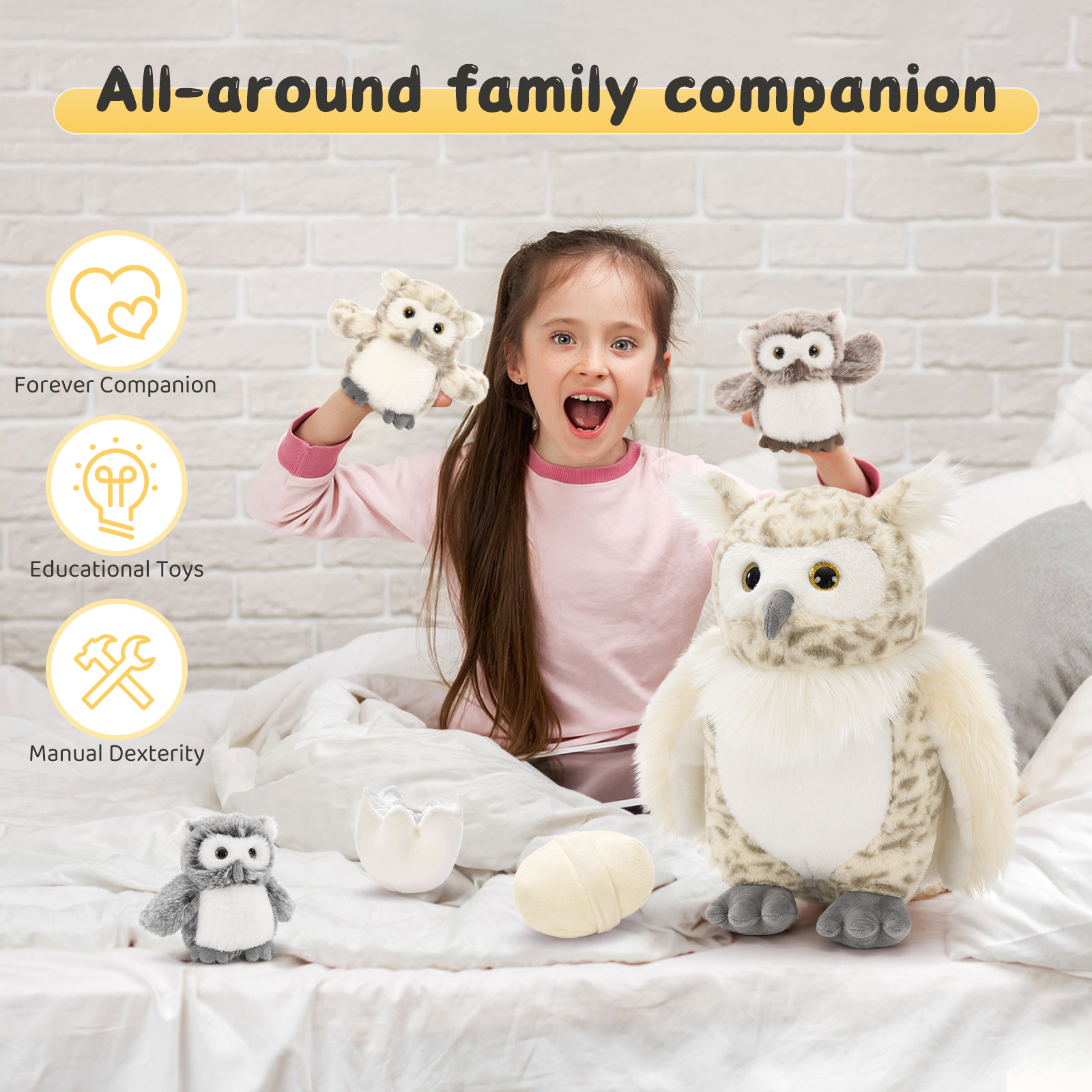 MorisMos Búho de Peluche de 15.7 Pulgadas con 3 Bebés Búho de Peluche, 2 Huevos, 1 Nido 2