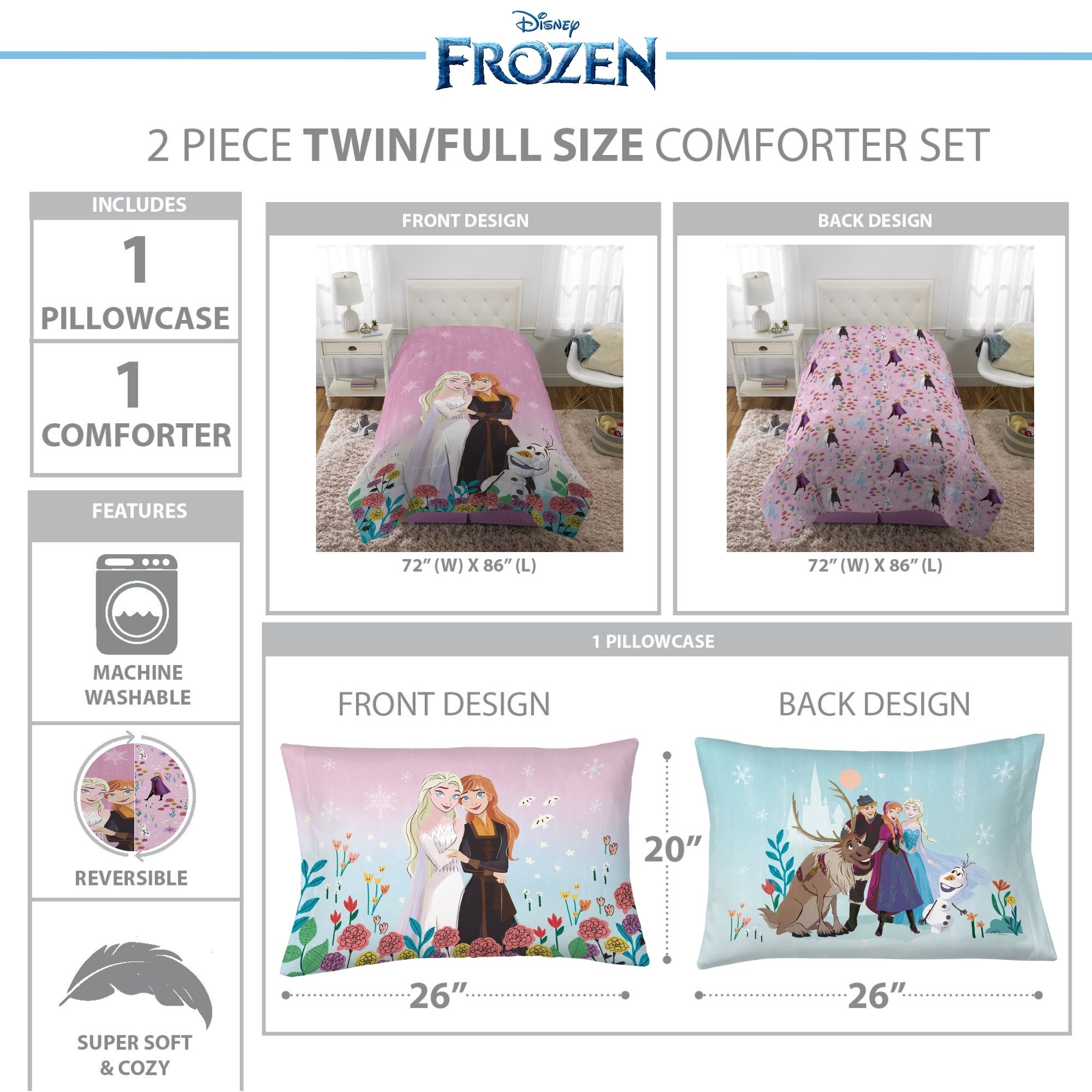 Disney Frozen Kids Comforter and Pillowcase, 2-Piece Set, Twin/Full, Reversible