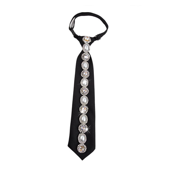 Fashion Black Neck Tie with Rhinestones Pearls Embellished School Student Uniform Pre Tied Adjustable Necktie Neckwear