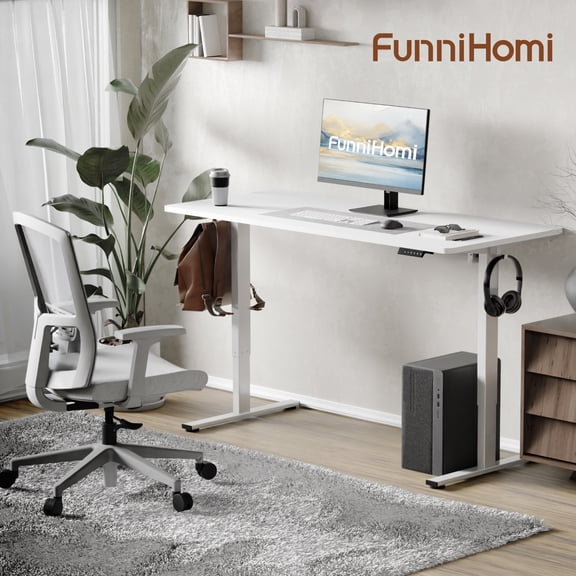 FunniHomi 40" x 24" Height Adjustable Electric Standing Desk with Hook, Whole-Piece Sit Stand Desk for Home Office, White