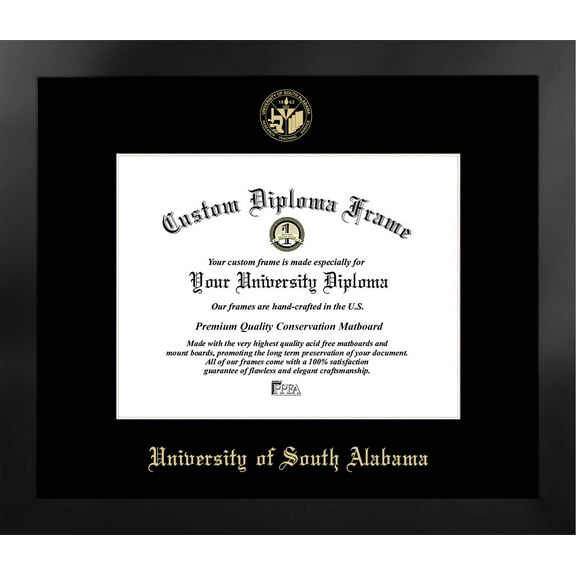 University of South Alabama 11w x 8.5h Manhattan Black Single Mat Gold Embossed Diploma Frame with Bonus Campus Images Lithograph (value savings at $59)