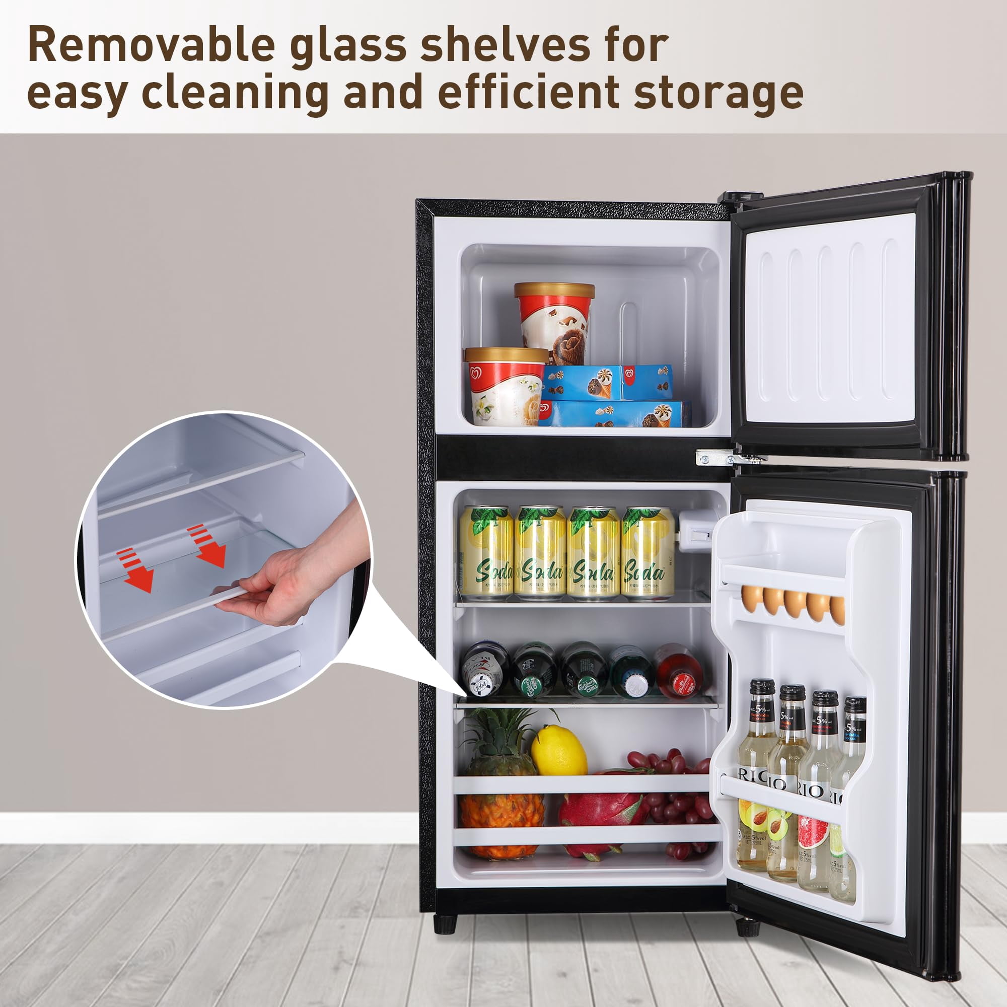 3.2 Cu.Ft Mini Fridge with Freezer, Adjustable Thermostat Removable Glass Shelves, Quiet Energy Saving Apartment Size for Dorm Office Kitchen, Black