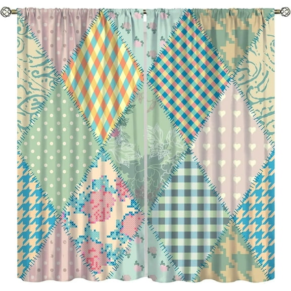 Colorful Patchwork Window Curtains, Quilt Style Floral Plaid and Geometric Design Old Fashioned Pattern Printed Rod Pocket Window Treatments for Bedroom Living Room 26"W x 45"L (Pack of 2)