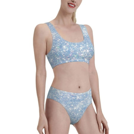 Picia White Bule Glitter Women s High Waisted Bikini Scoop Neck Swimsuit Two Pieces Bathing Suit-Medium