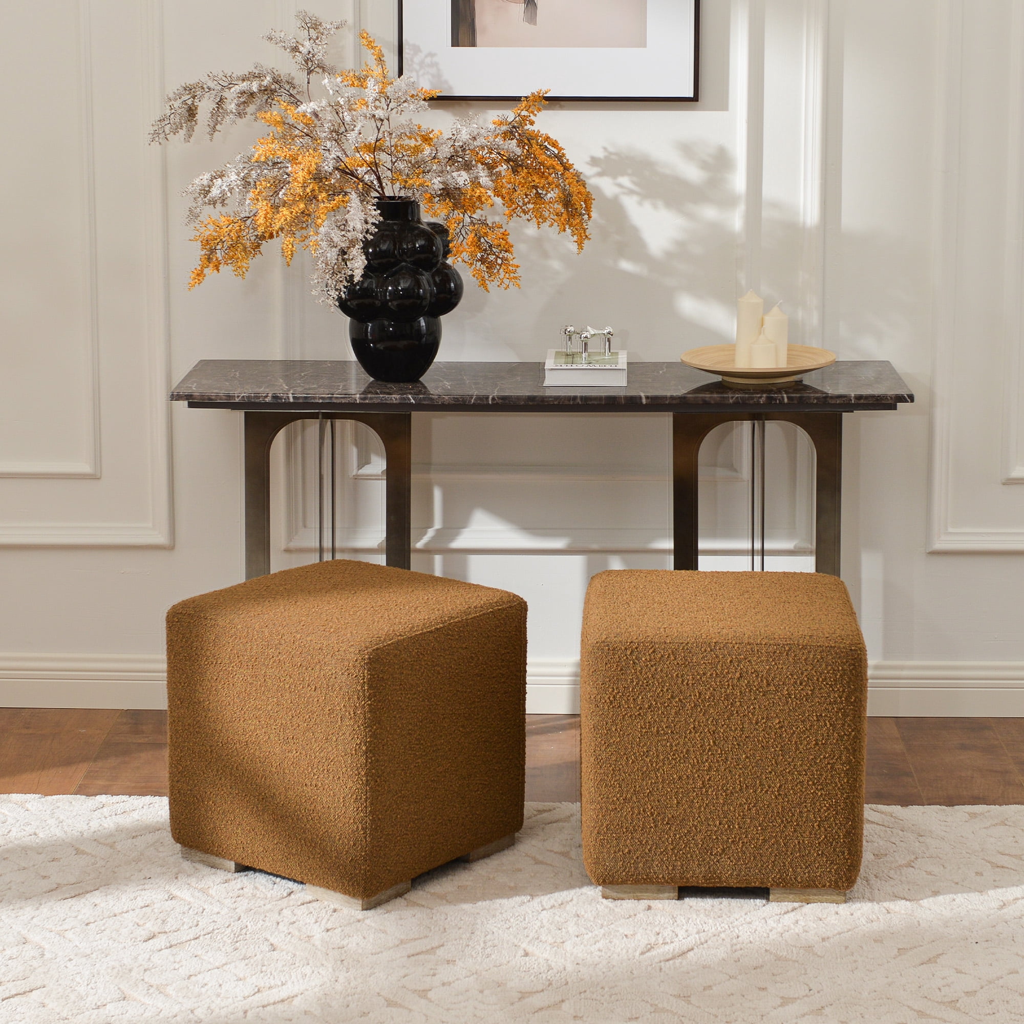 18.5" Wide Modern Square Boucle Upholstered Ottoman with Solid Wood Legs Set of 2, Multi-Functional Sofa Footrest, Side Table, Extra Seating for Living Room, Bedroom, Fully Assembled (Brown)