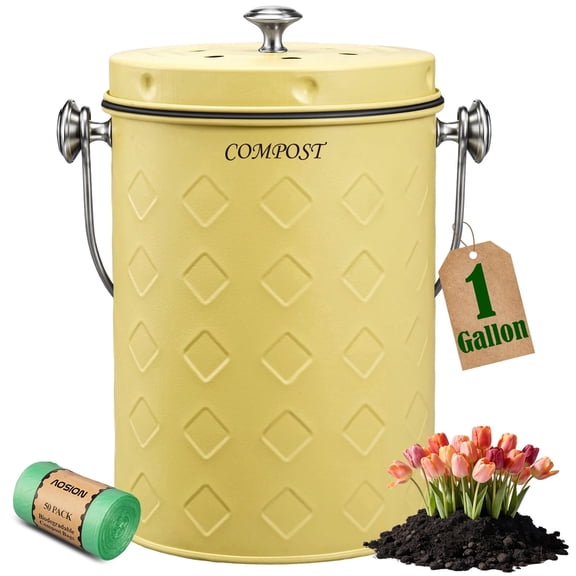 Countertop Compost Bin Kitchen,Odorless Indoor Compost Bin with Lid,Farmhouse Composter Container for Food Waste,Includes 2 Carbon Filters, Small Compost Bucket,Trash Bags, Yellow