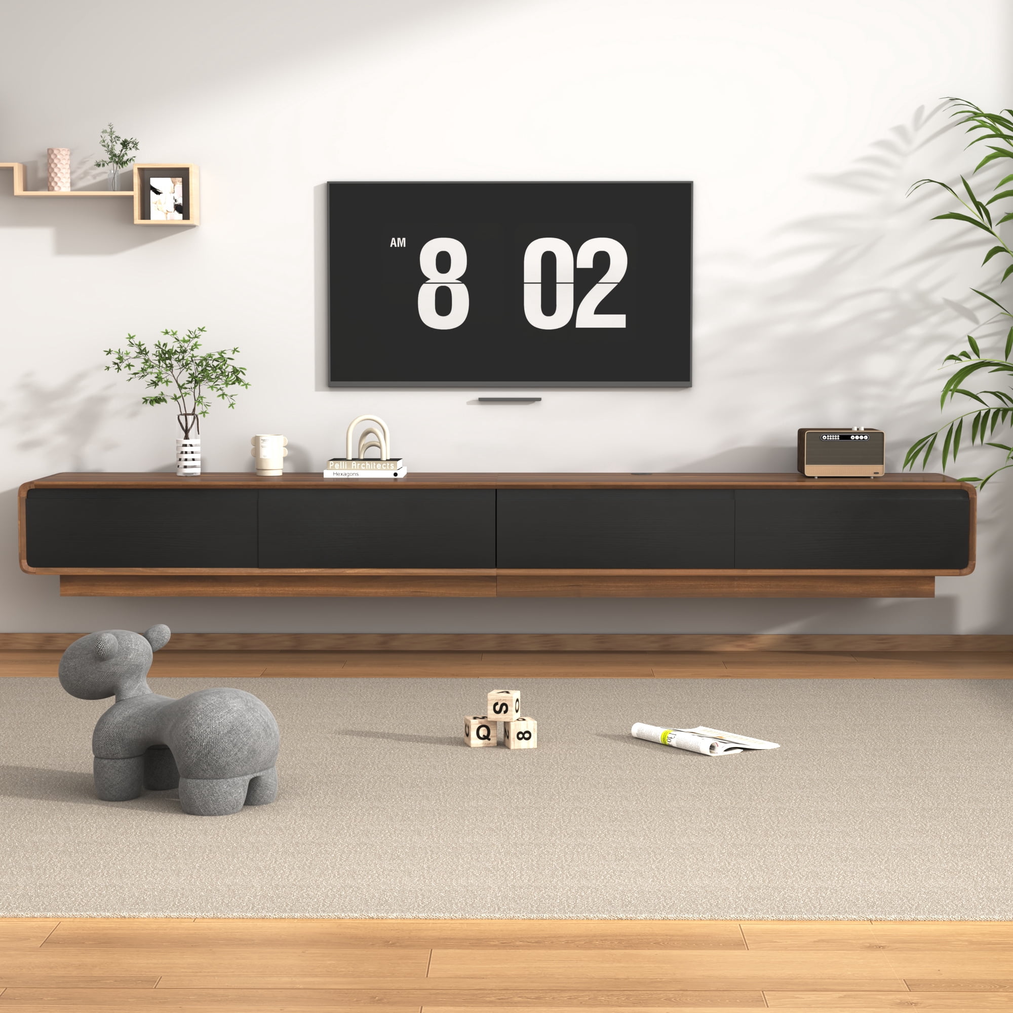 Blotout 94.5''Minimalist Floating TV Stand, Modern Wall-Mounted Media Console with 4 Drawers for Wall-mounted TV Up to 110'', Walnut & Black