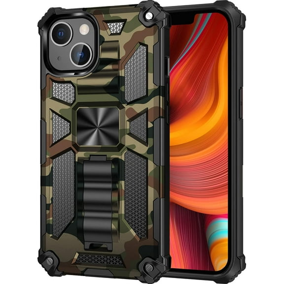 for iPhone 13 Camouflage Design Case, Heavy Duty Shockproof Protection Military Grade Built-in Magnetic Kickstand Cover for iPhone 13 MC Army Green